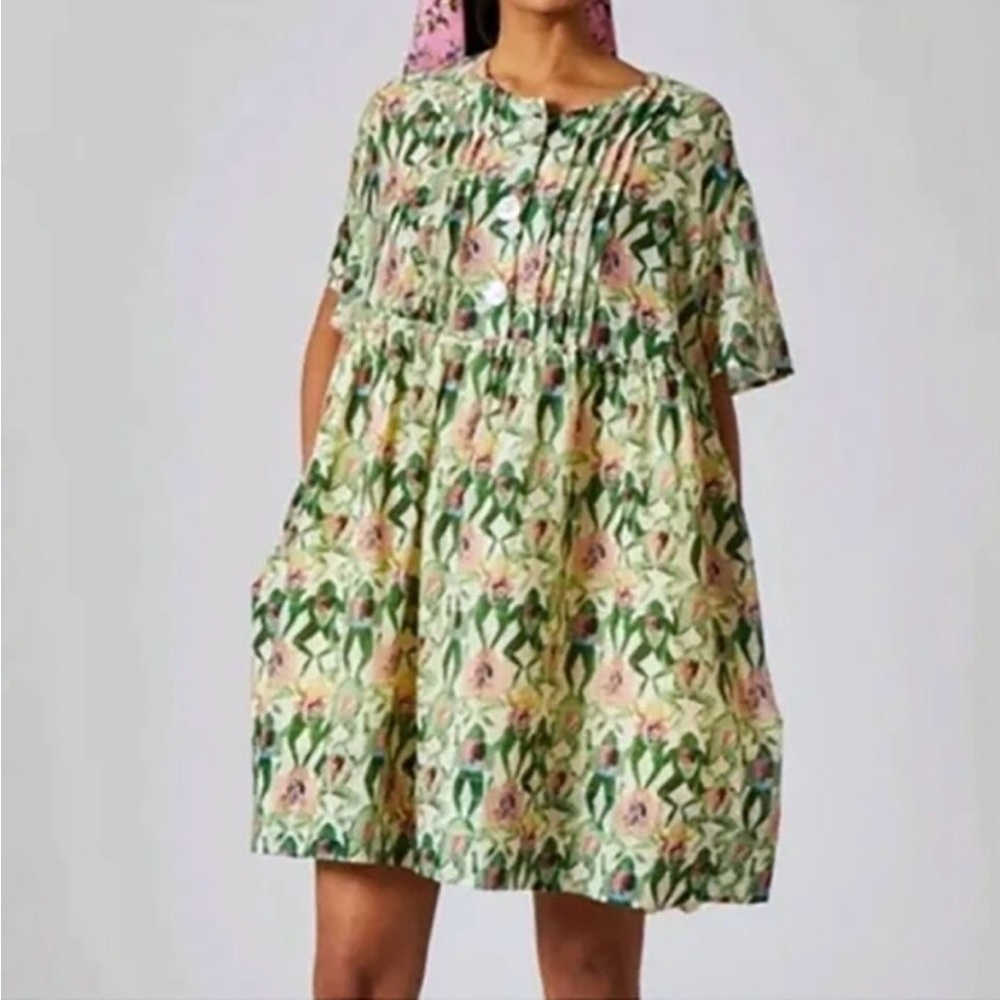 Rachel Antonoff Frog Dissection Print Howard Dress Green Pleated Cotton XL
